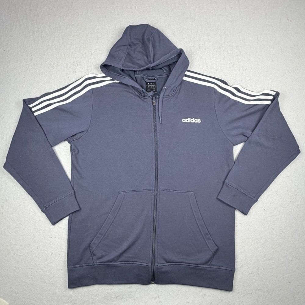 Adidas Men Full Zip Hooded Blue White Large Sweatshirt Stripes Pockets Athletic